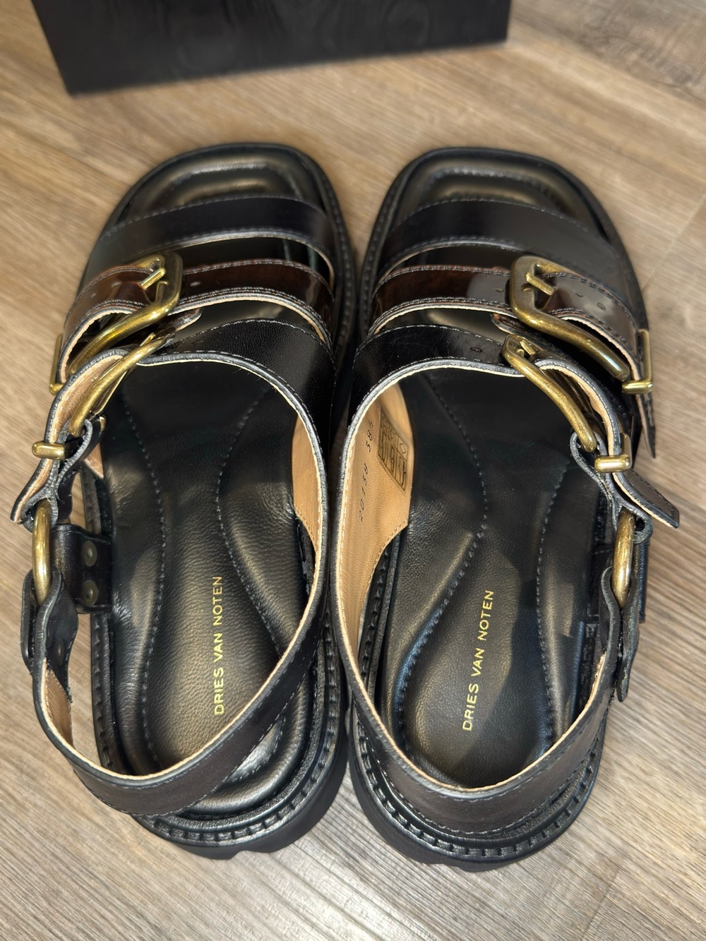 Dries Van Noten Buckle Black Brown Leather Dual Strap Platform Sandals - Picture 6 of 14